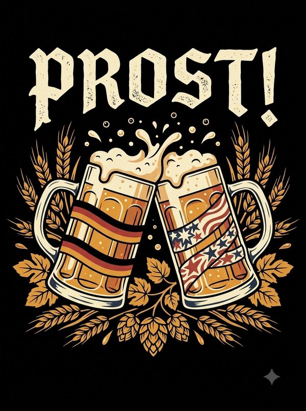 Two beer mugs clinking under the word "Prost!", one wrapped in black, red and gold stripes, one in stars and stripes, with wheat and hops on black