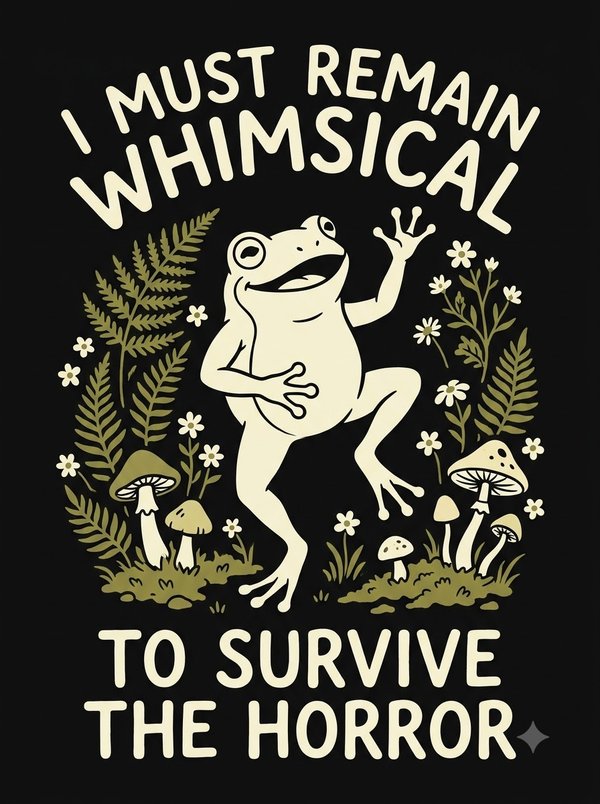 A cream frog dancing among olive ferns and mushrooms on black, with the words "I must remain whimsical to survive the horror"