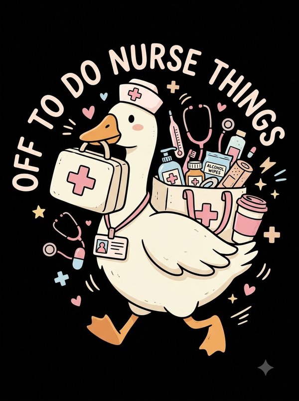 A goose in a nurse cap carrying a first aid kit and a bag of supplies, under the words "Off to do nurse things", in pastel pink, cream and blue on black
