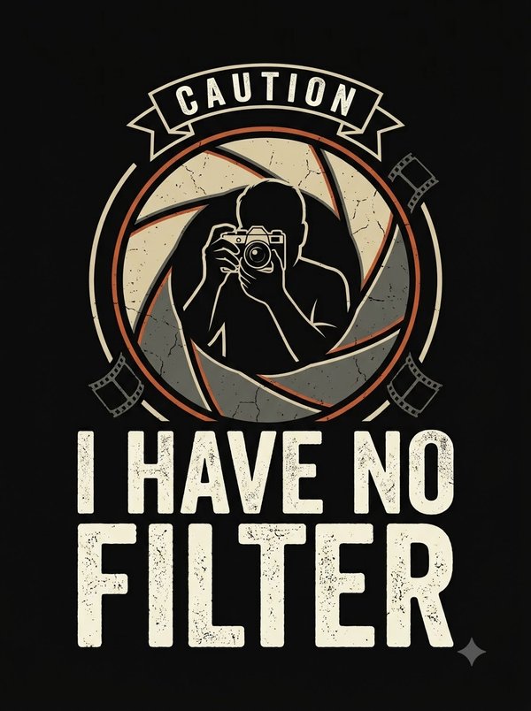 The "I have no filter" photographer design: a silhouette inside a camera shutter on black